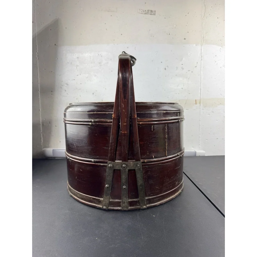 Vintage Chinese 2 Tiered Wedding Basket Handled‎ Woven Wicker & Bamboo